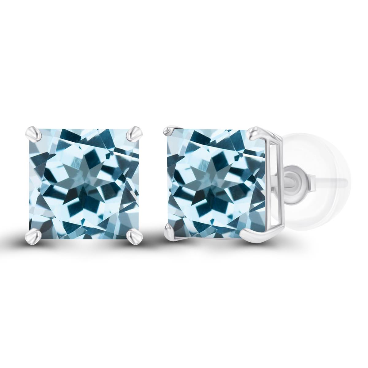 Sterling Silver Rhodium 6mm Square Sky Blue Topaz Basket Stud Earring with Silicone Back