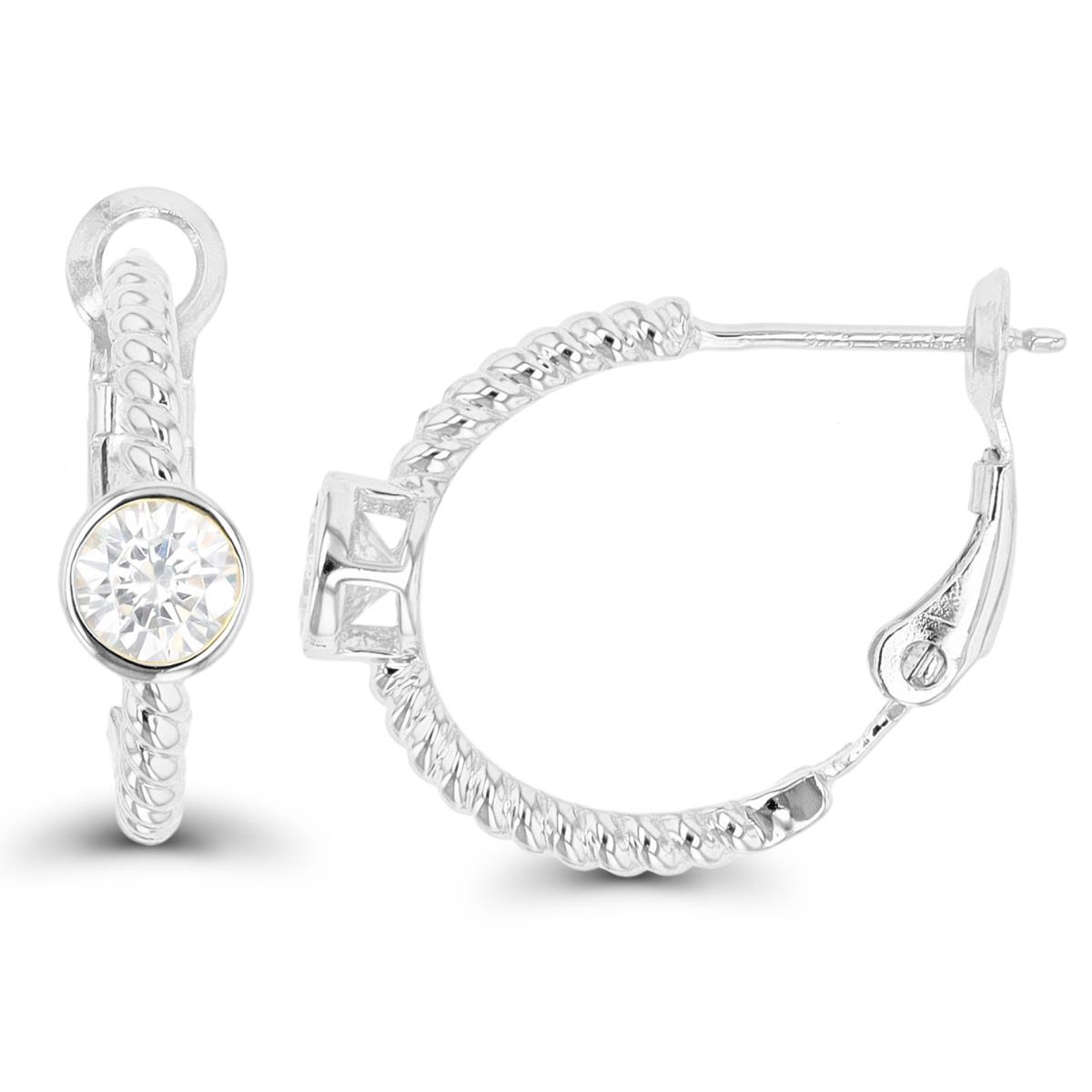 Sterling Silver Rhodium 5mm Rd CZ Bezel Twist Omegaback Hoop Earring