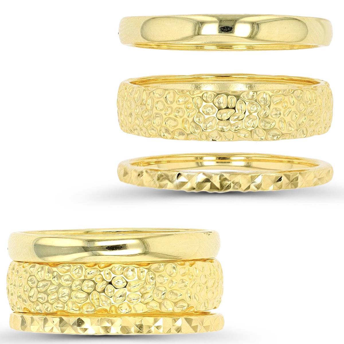 Sterling Silver Yellow Polished, DC & Textured Triple Stack Ring