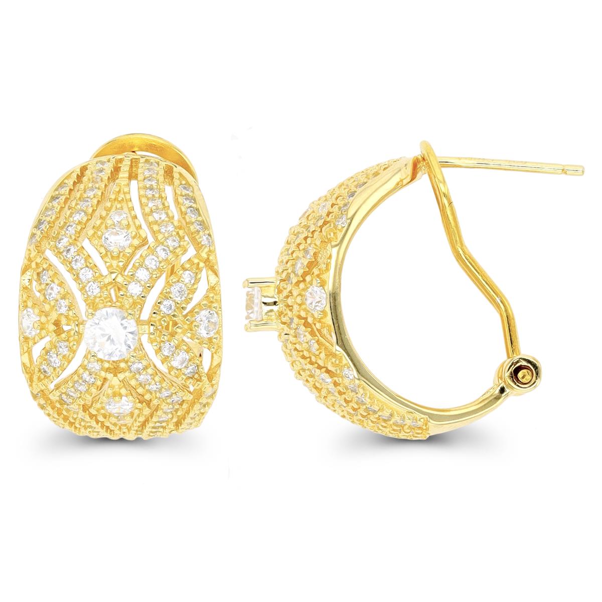 Sterling Silver Yellow 1-Micron Pave Art Deco Domed Omegaback Hoop Earring