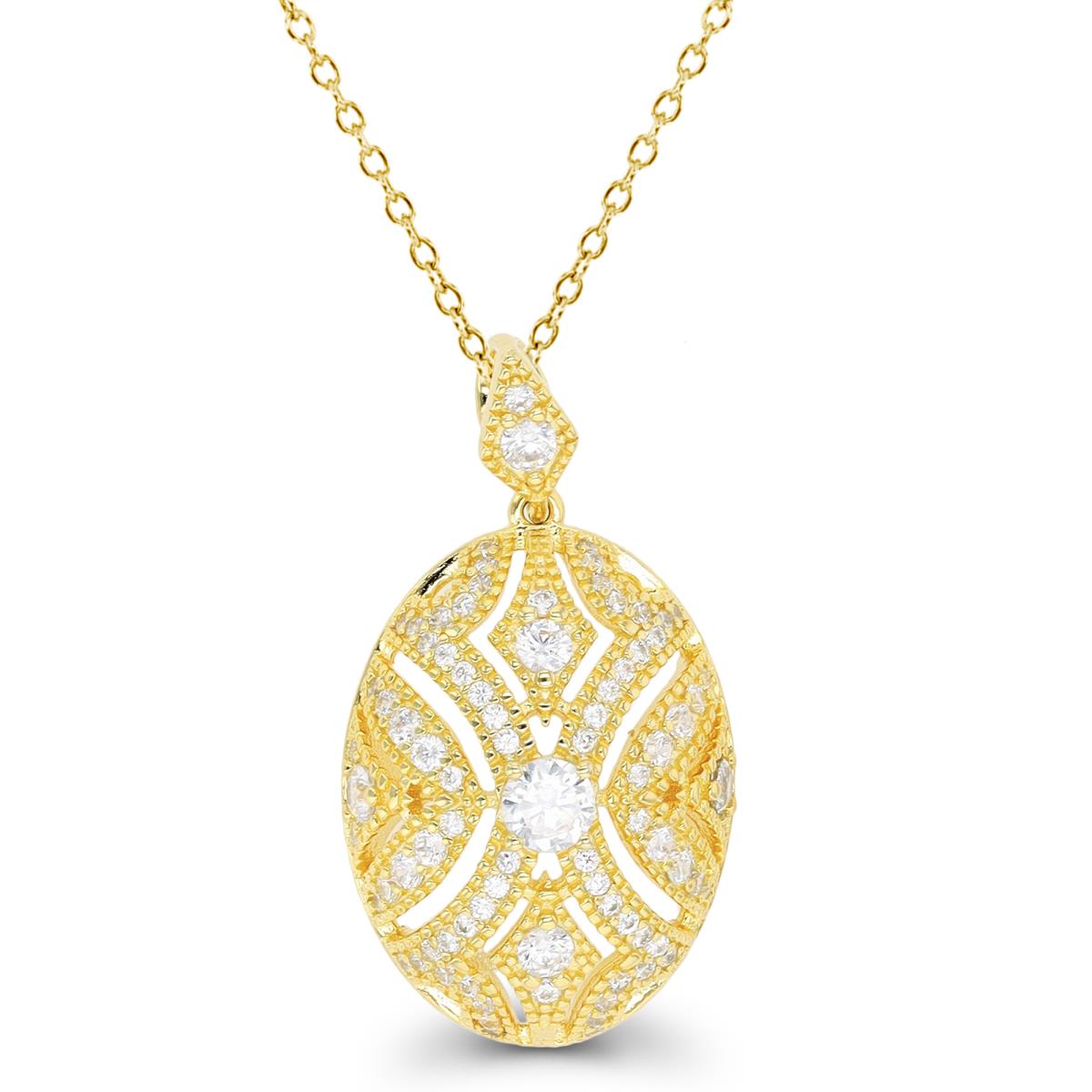Sterling Silver Yellow 1-Micron Pave Art Deco Domed 18" Necklace