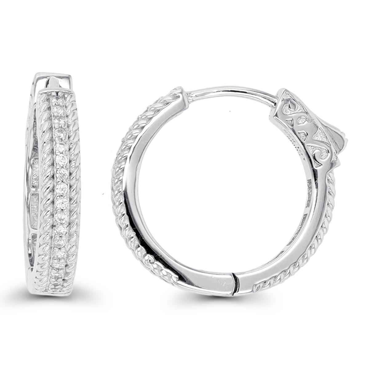 Sterling Silver Rhodium 20x4mm Rope Sides CZ Middle Hoop Earring