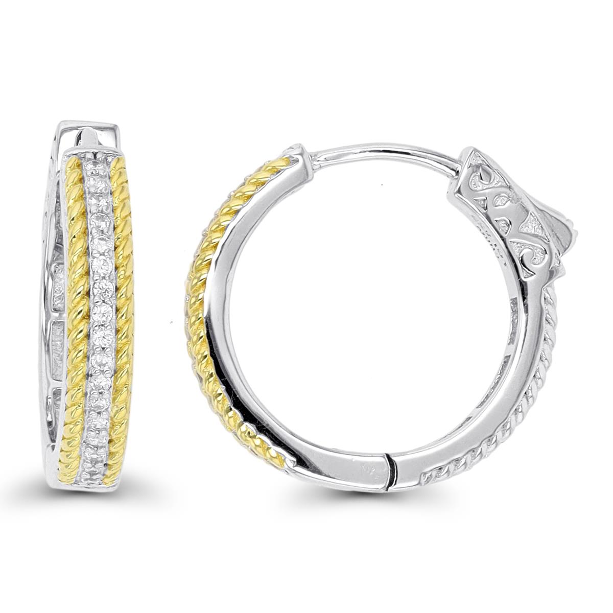 Sterling Silver Two-Tone 1-Micron 20x4mm Rope Sides CZ Middle Hoop Earring