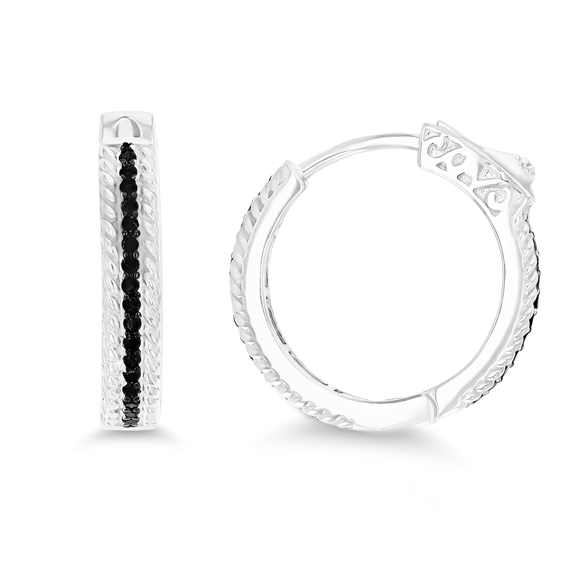 Sterling Silver Rhodium 20x4mm Rope Sides Black Spinel Middle Hoop Earring