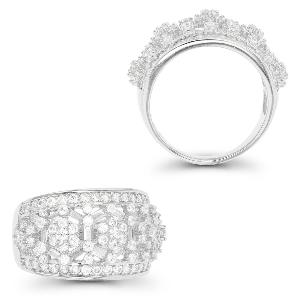Sterling Silver Rhodium Rd & Bg CZ Floral Domed Fashion Ring