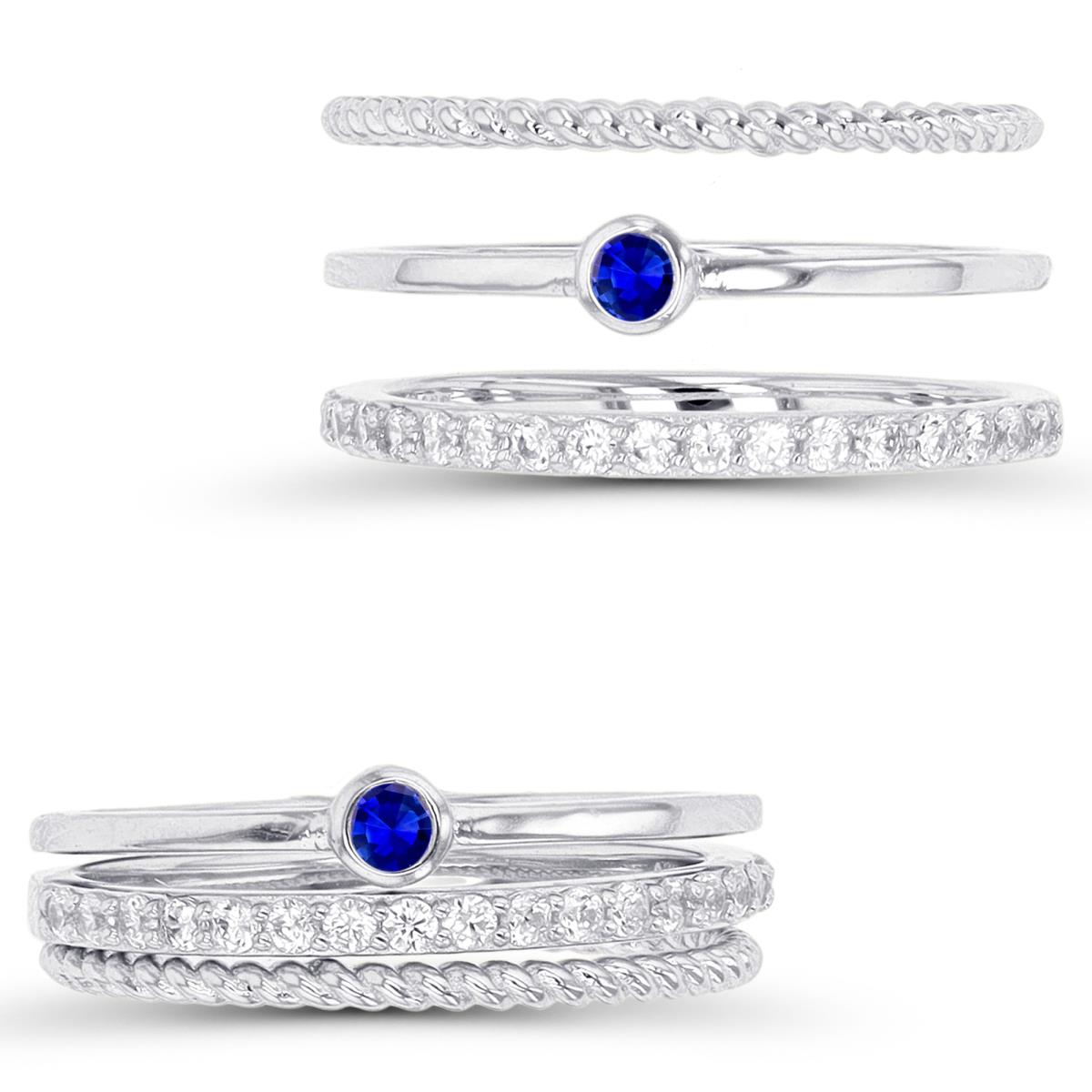 Sterling Silver Rhodium Rope, Paved & #113 Blue Bezel Triple Stack Ring