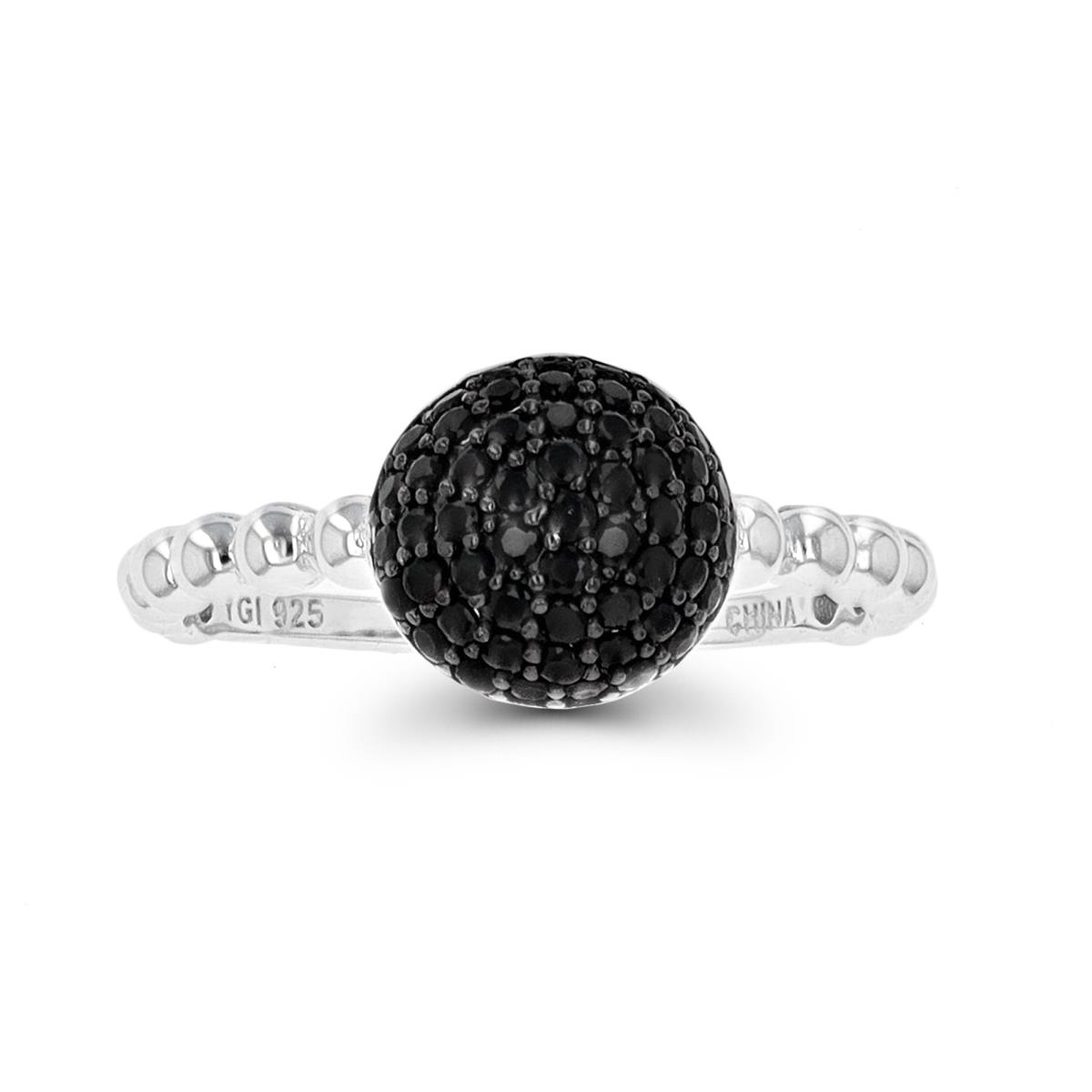 Sterling Silver Rhodium & Black 9mm Paved Half Ball Black Spinel Fashion Ring
