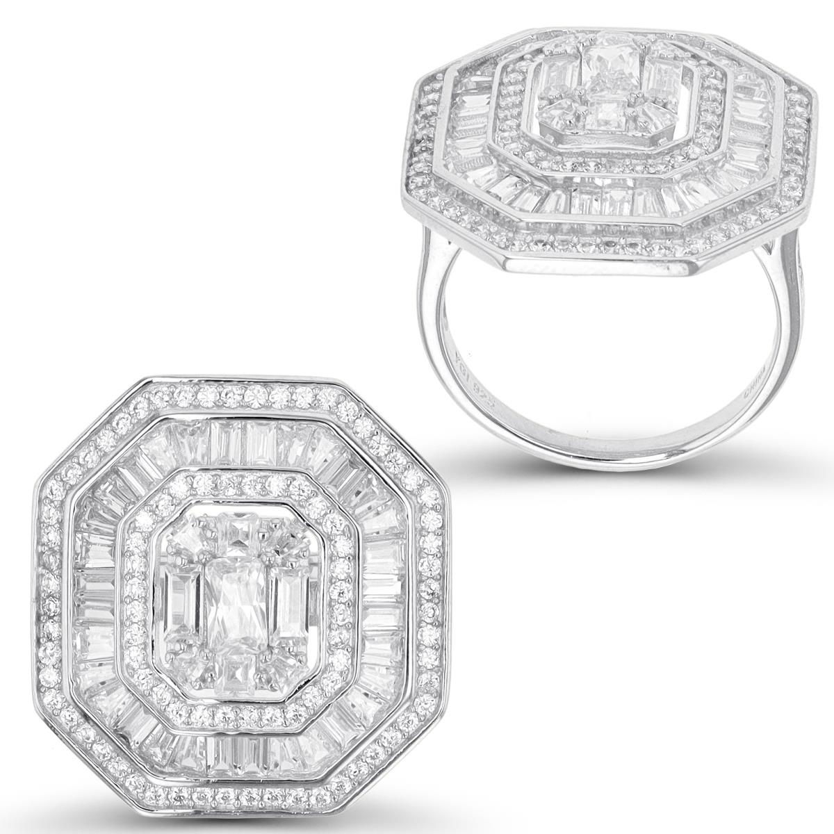 Sterling Silver Rhodium Multi Cut CZ Octagon Fashion Ring