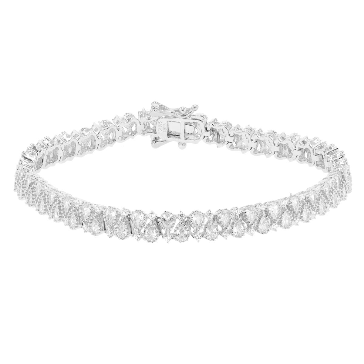 Sterling Silver Rhodium Rd & Ps CZ Milgrain 7" Bracelet
