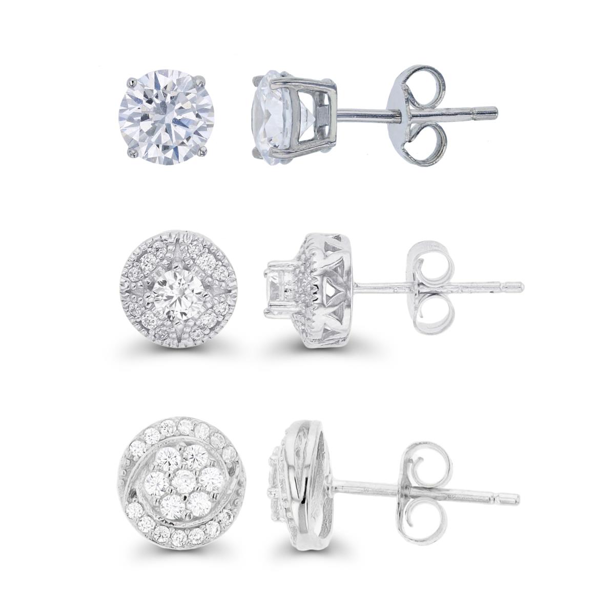 Sterling Silver Rhodium 3.5mm Rd CZ Halo, Cluster & 6mm Solitaire Stud Earring Set