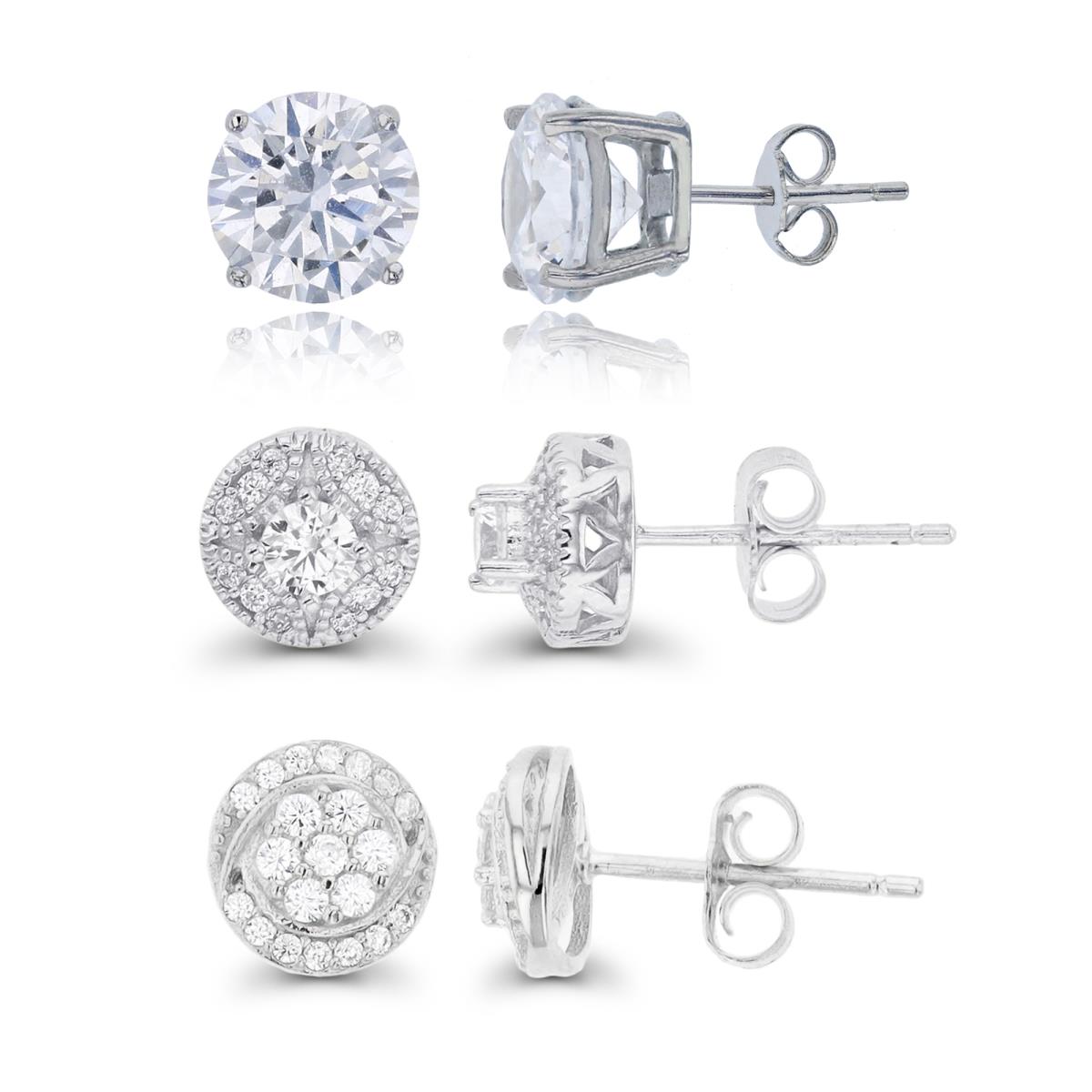 Sterling Silver Rhodium 3.5mm Rd CZ Halo, Cluster & 8mm Solitaire Stud Earring Set