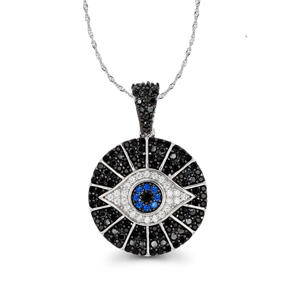 Sterling Silver Black & Rhodium White, Black CZ & #114 Blue Evil Eye 18"+2" Singapore Necklace