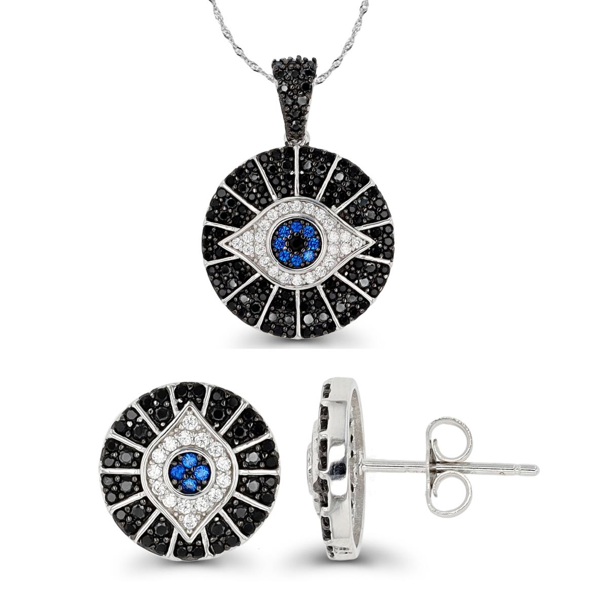 Sterling Silver Black & Rhodium White, Black CZ & #114 Blue Evil Eye Necklace & Earring Set