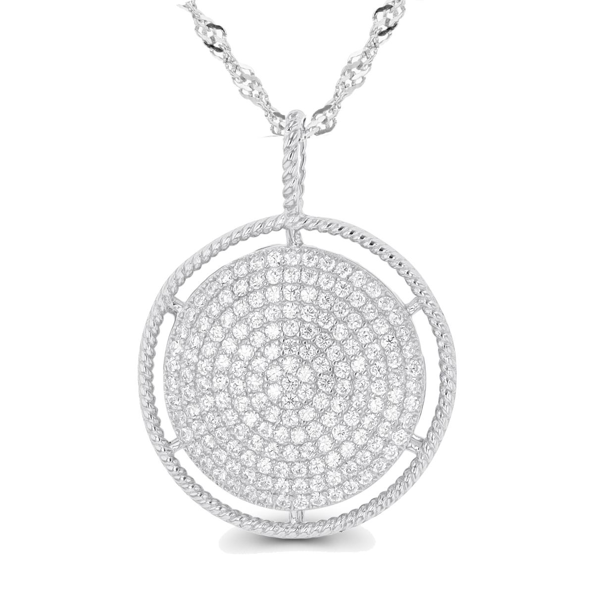 Sterling Silver Rhodium Micropave CZ Circle 18"+2" Singapore Necklace