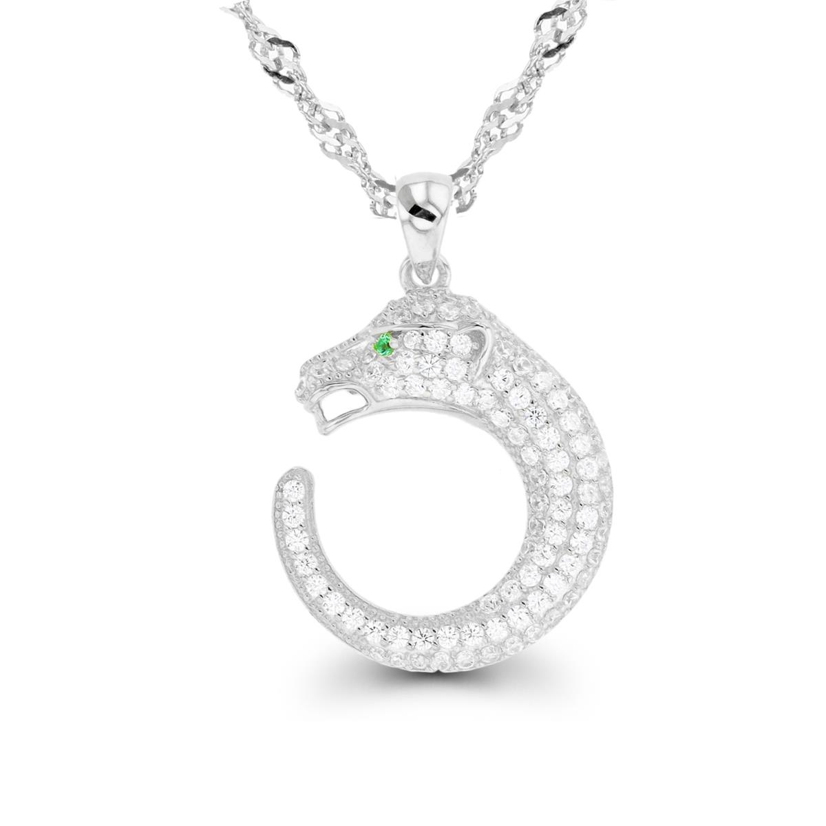 Sterling Silver Rhodium Paved White & Green CZ Ouroboros 18"+2" Singapore Necklace
