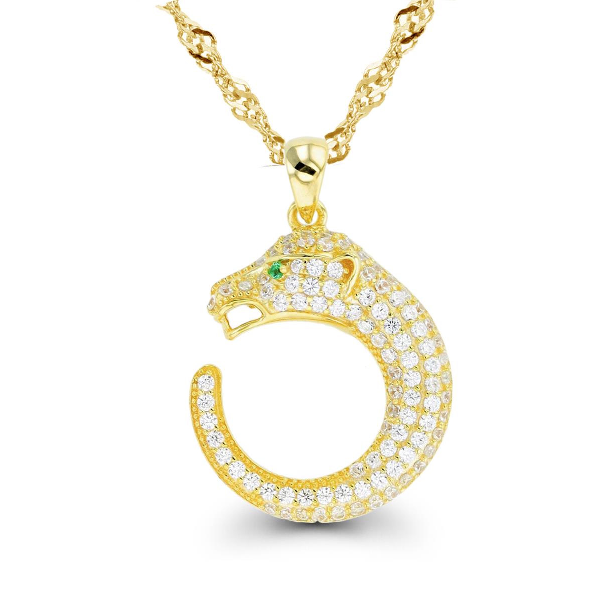 Sterling Silver Yellow Paved White & Green CZ Ouroboros 18"+2" Singapore Necklace