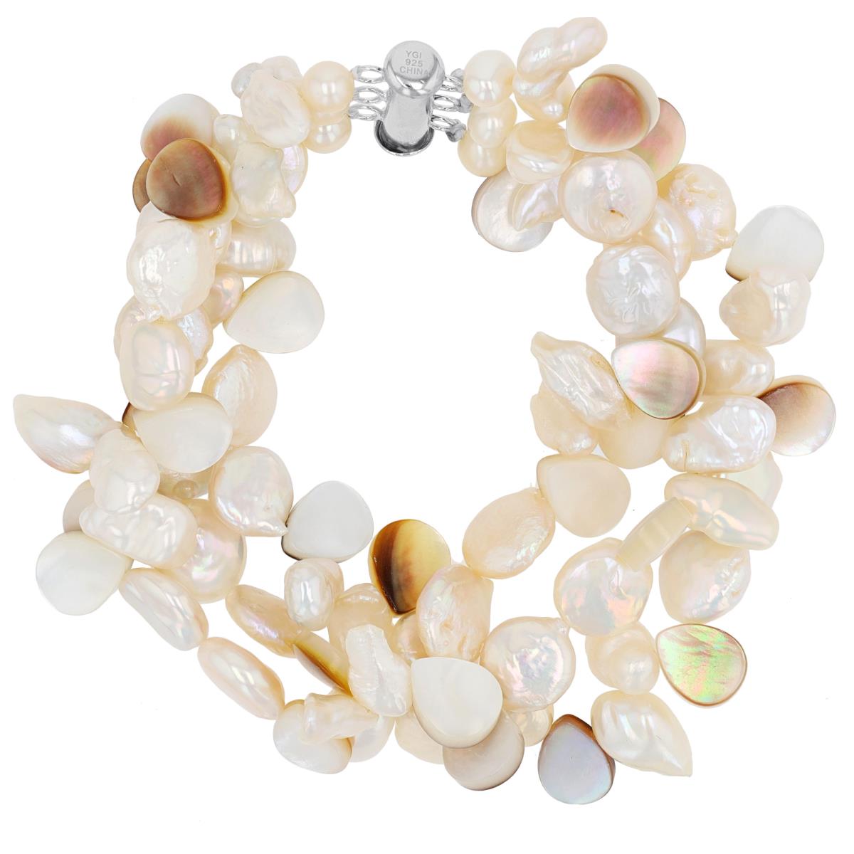 Sterling Silver Rhodium Multi Shape Pearls Triple Row 7.5" Bracelet