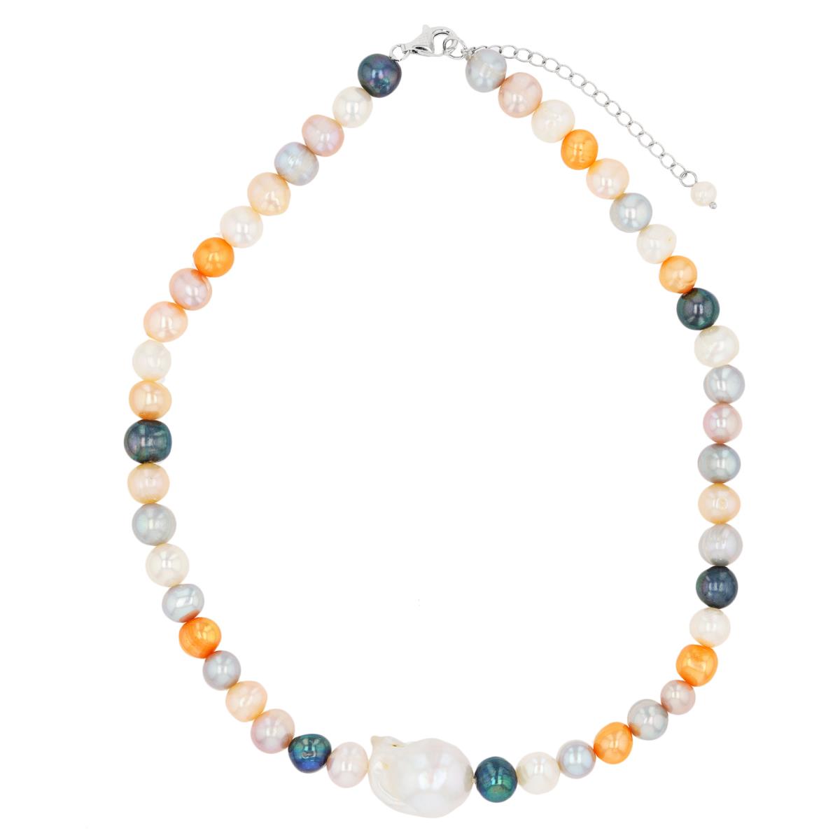 Sterling Silver Rhodium Baroque Pearl Center/Dyed Near Round Prl Beaded 18"+2" Necklace