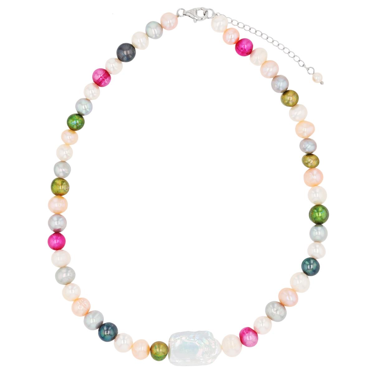Sterling Silver Rhodium Irregular Square Pearl Center/Dyed Near Round Prl Beaded 18"+2" Necklace
