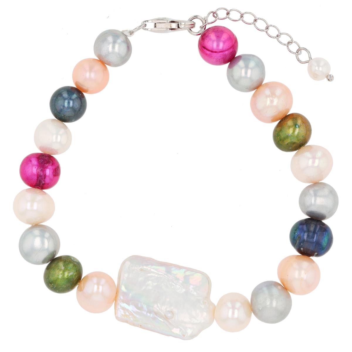 Sterling Silver Rhodium Irregular Square Pearl Center/Dyed Near Round Beaded 7.5"+1" Bracelet