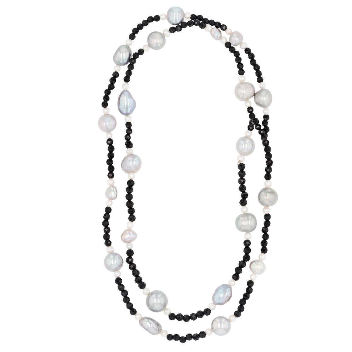 Dyed & White Baroque/Round Pearl Stations & 3mm Rondelle Black Spinel Beaded 36" Necklace