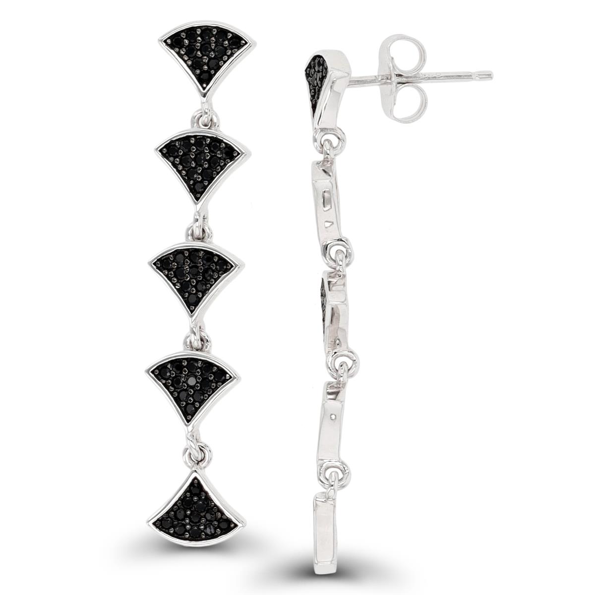 Sterling Silver Rhodium & Black 40x8mm Black Spinel Bells Dangling Earring