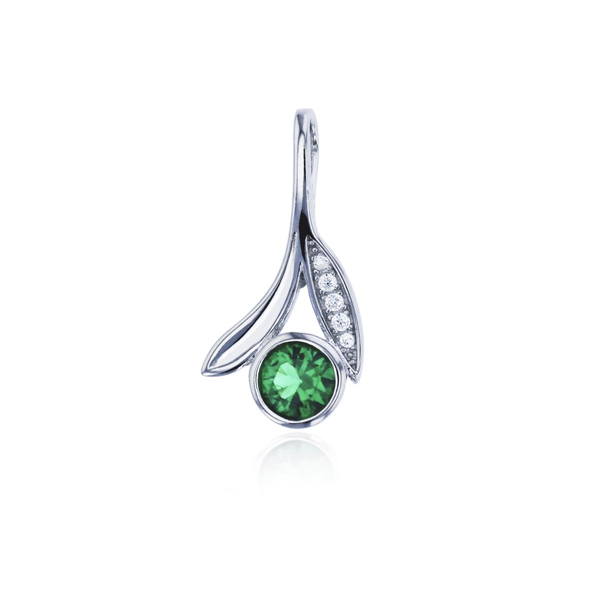 Sterling Silver Rhodium 5mm Round Cut Nano Emerald & Clear CZ Leaf 18" Necklace