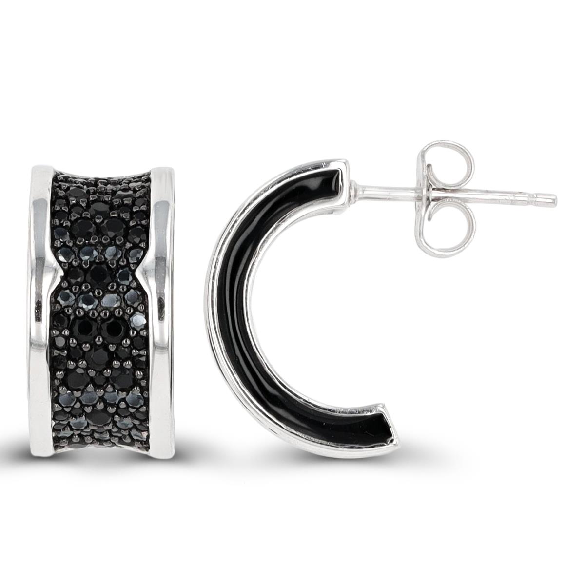 Sterling Silver Rhodium & Black Paved Black Spinel & Black 18x8mm Enamel Half Hoop Earring