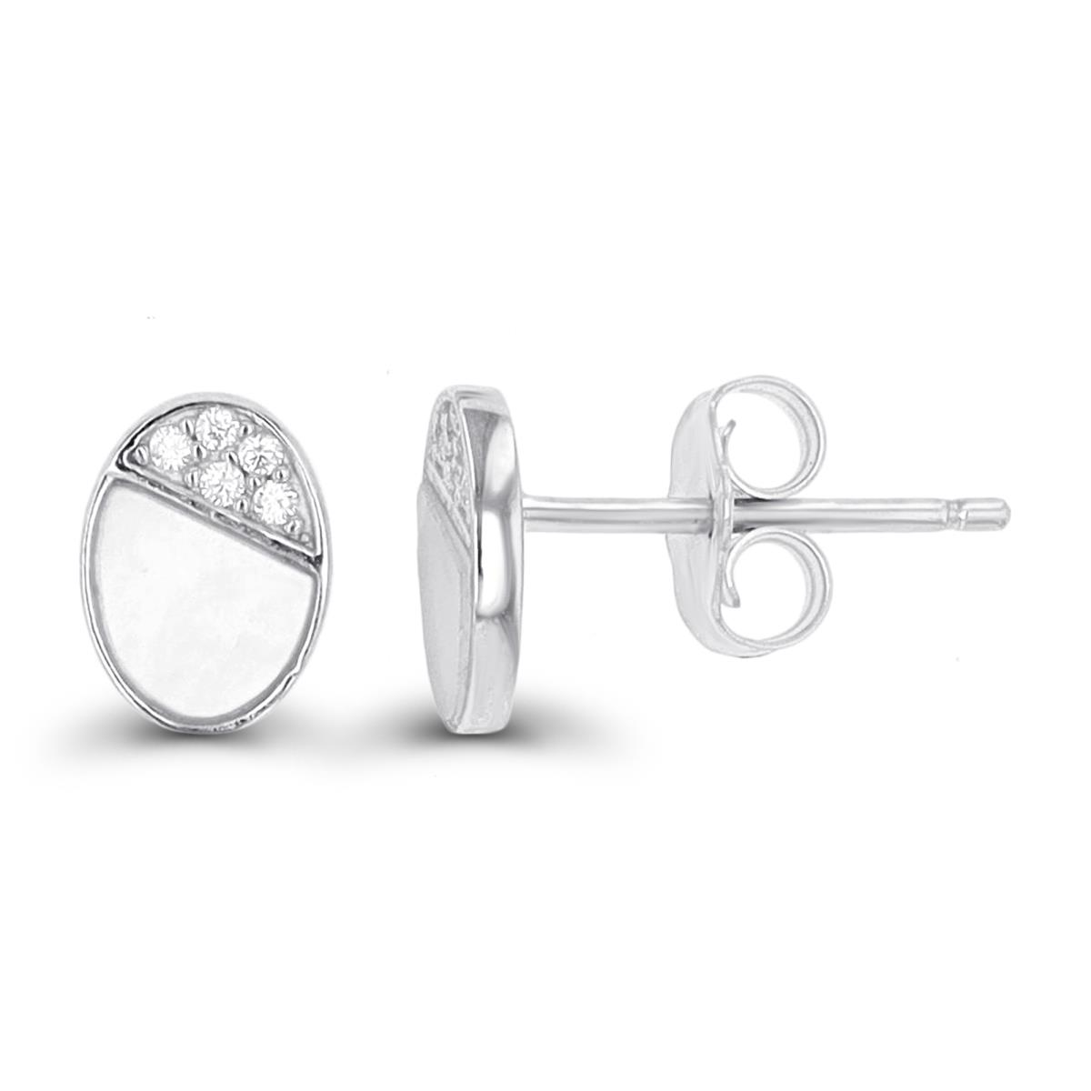 Sterling Silver Rhodium Conch & CZ Oval Stud Earring