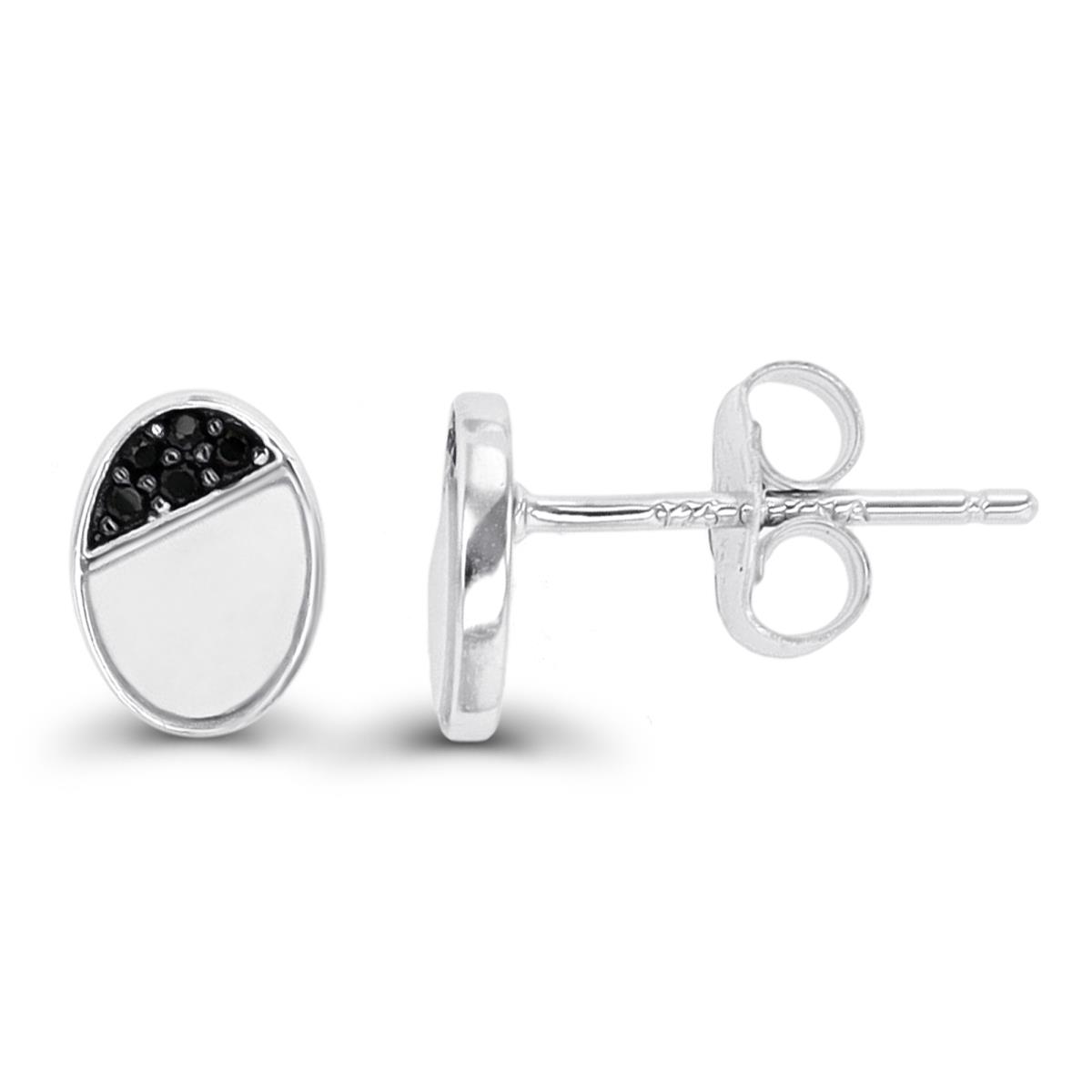 Sterling Silver Rhodium & Black Conch & Black Spinel Oval Stud Earring