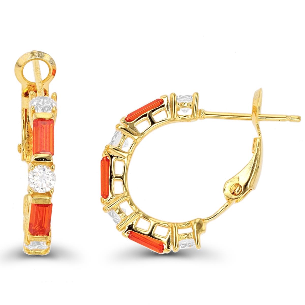 Sterling Silver Yellow 1-Micron 20x3mm Alt Orange Bgt & White Rd CZ Omegaback Hoop Earring