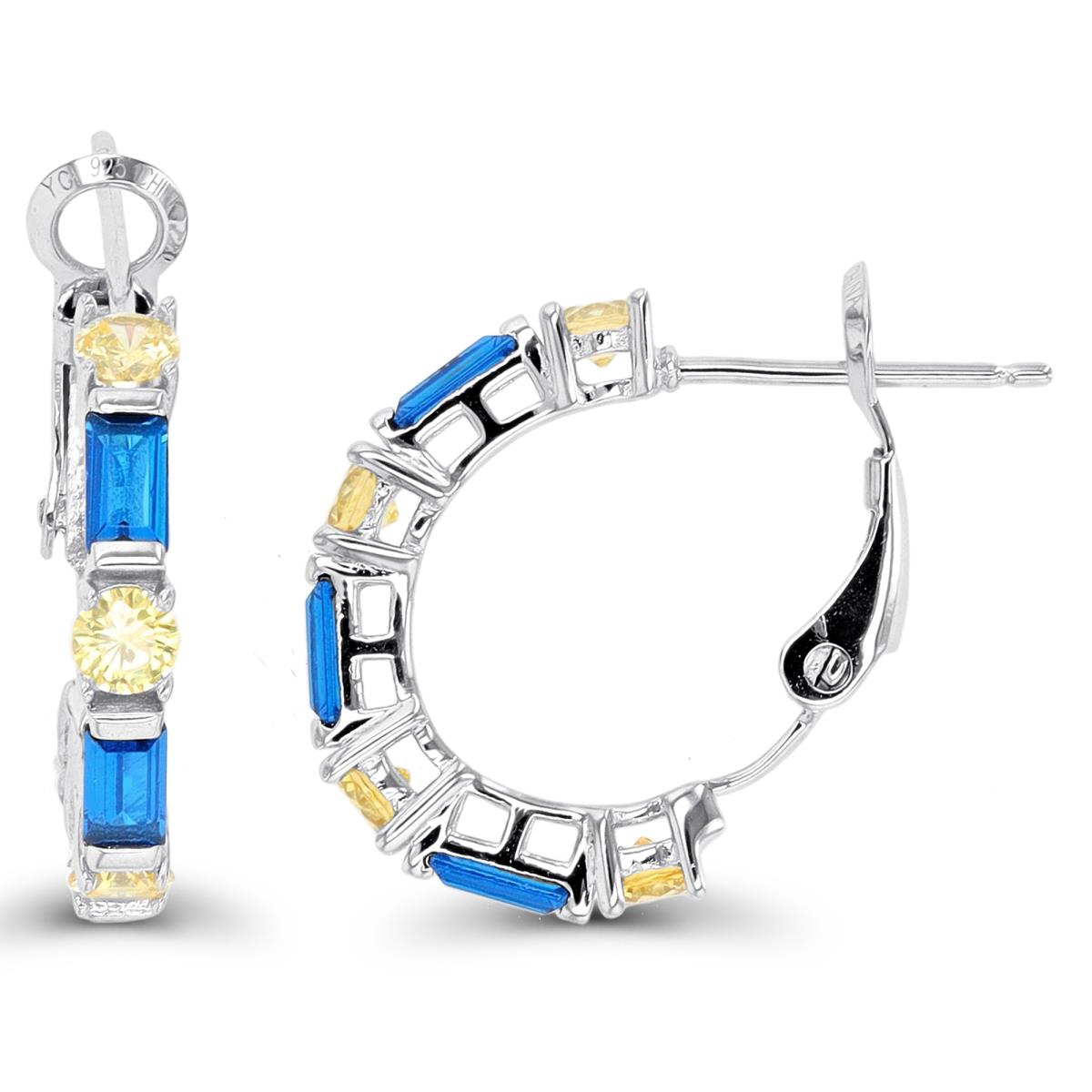 Sterling Silver Rhodium 20x3mm Alt #113 Blue Bgt & Yellow Rd CZ Omegaback Hoop Earring