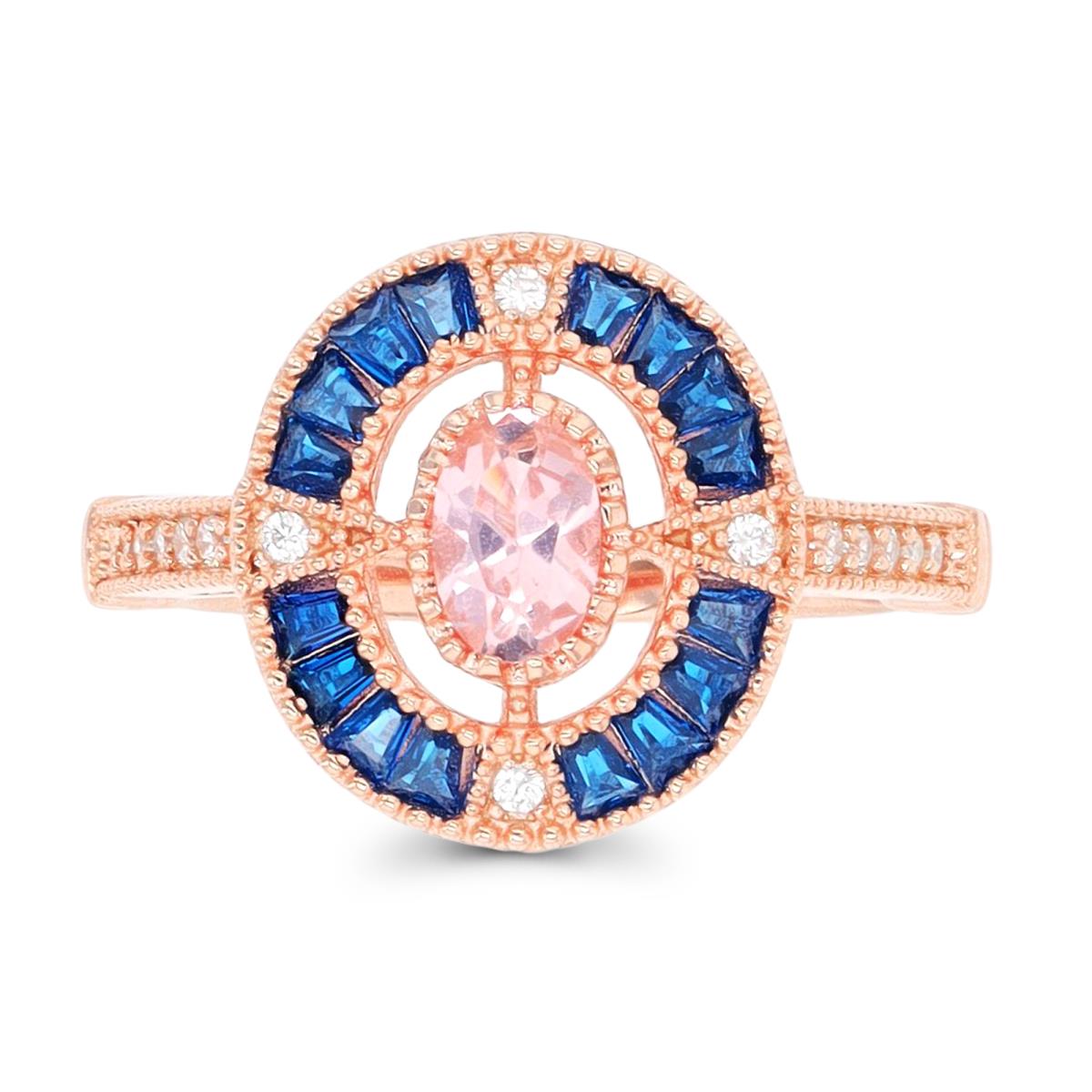 Sterling Silver Rose Ov Morganite Nano/ Bgt #113 Blue & Rd White CZ Milgrain Fashion Ring