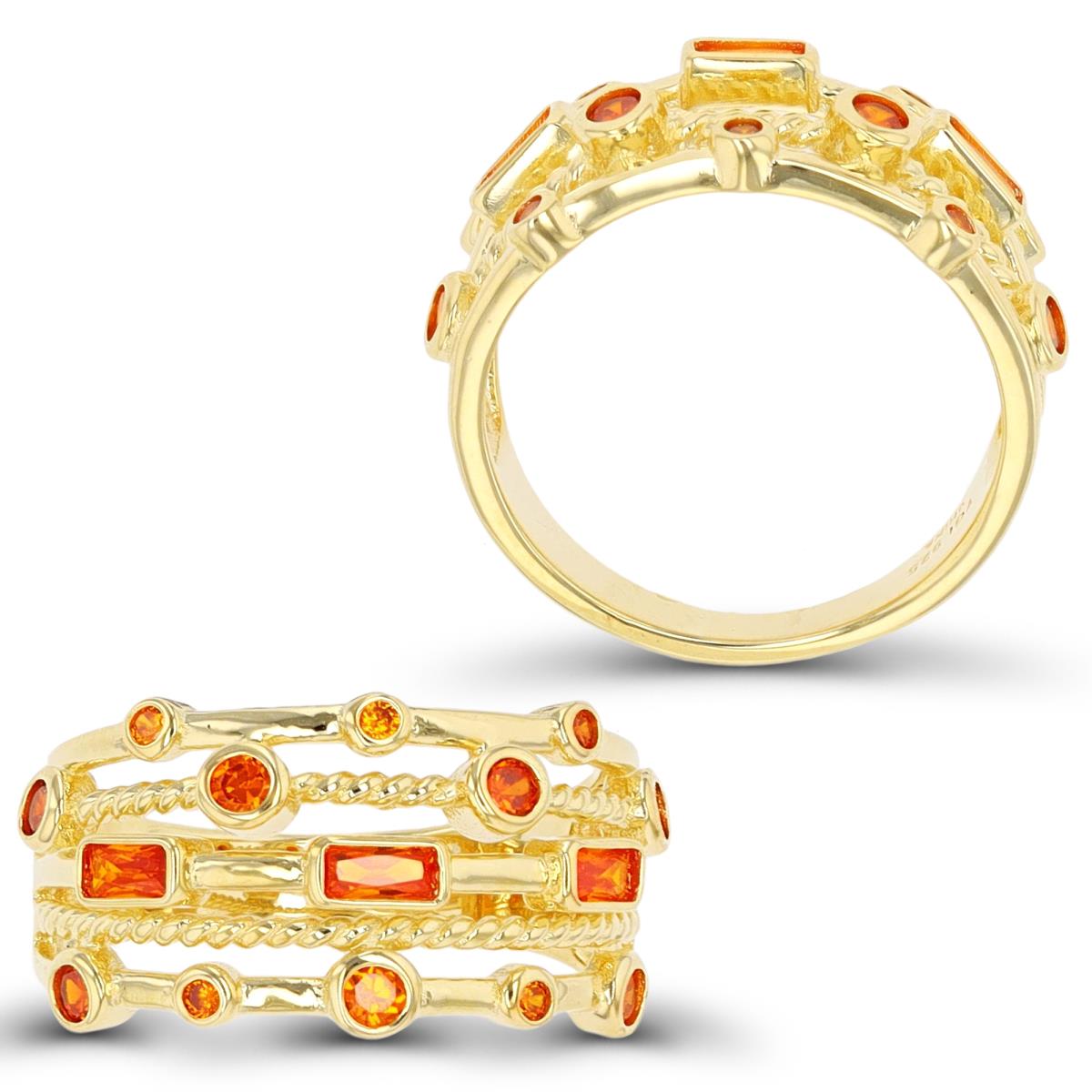 Sterling Silver Yellow 1-Micron Rd & EC Orange CZ Bezel Multi Row Fashion Ring