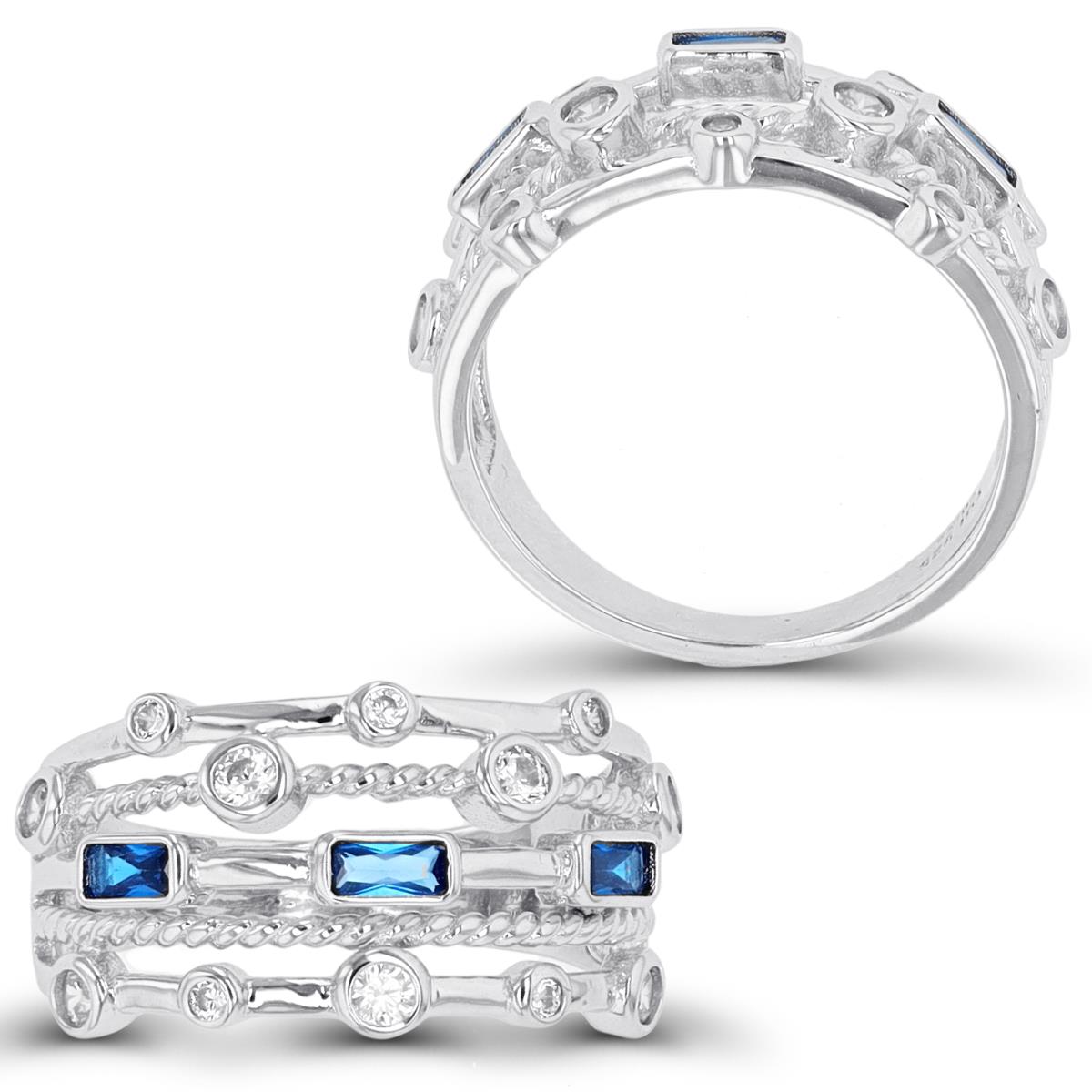 Sterling Silver Rhodium White Rd & #113 Blue EC CZ Bezel Multi Row Fashion Ring