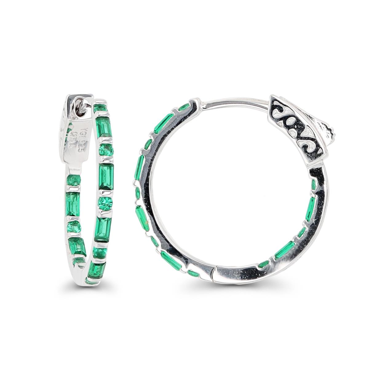 Sterling Silver Rhodium 20x1.60mm Alt Bgt & Rd Green CZ Hoop Earring