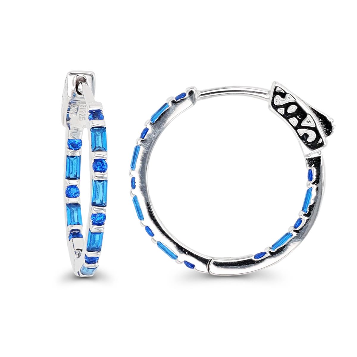 Sterling Silver Rhodium 20x1.60mm Alt Bgt & Rd #113 Blue CZ Hoop Earring