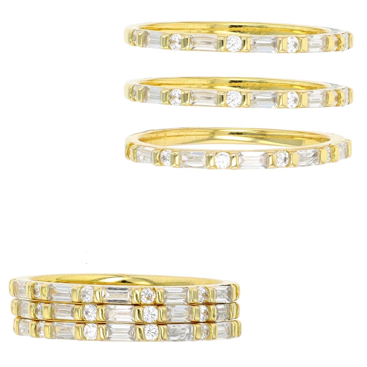 Brass Yellow Plated Alt Bgt & Rd CZ Triple Stack Ring
