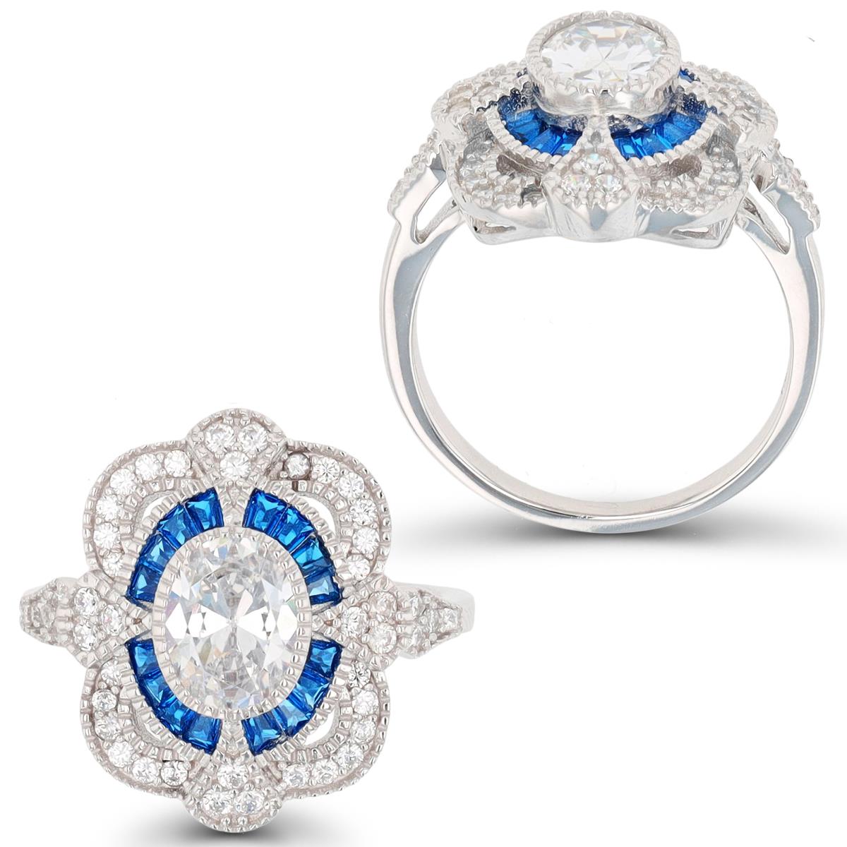 Sterling Silver Rhodium White Rd & #113 Blue Bgt Milgrain Fashion Ring