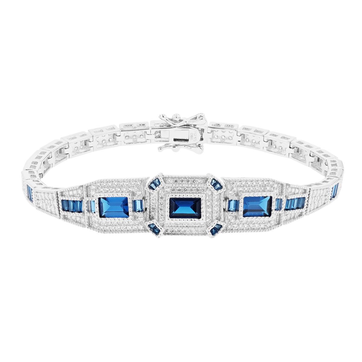 Sterling Silver Rhodium #113 Blue Bgt & White Rd CZ 7" Bracelet