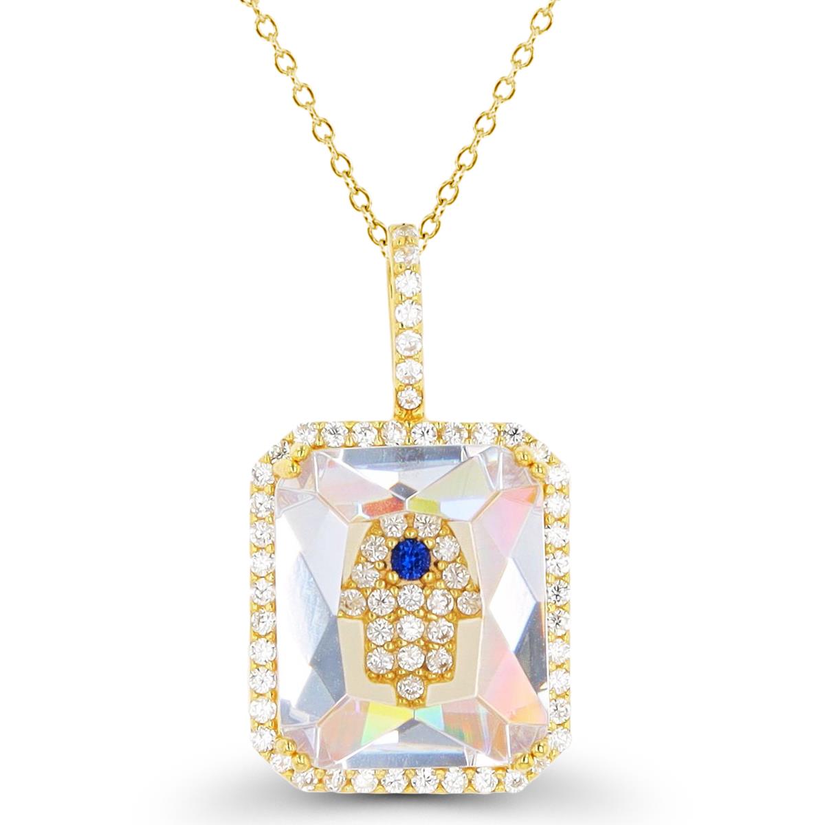 Sterling Silver Yellow 1-Micron White/#114 Blue Hamsa 12x10mm EC Halo 18" Necklace