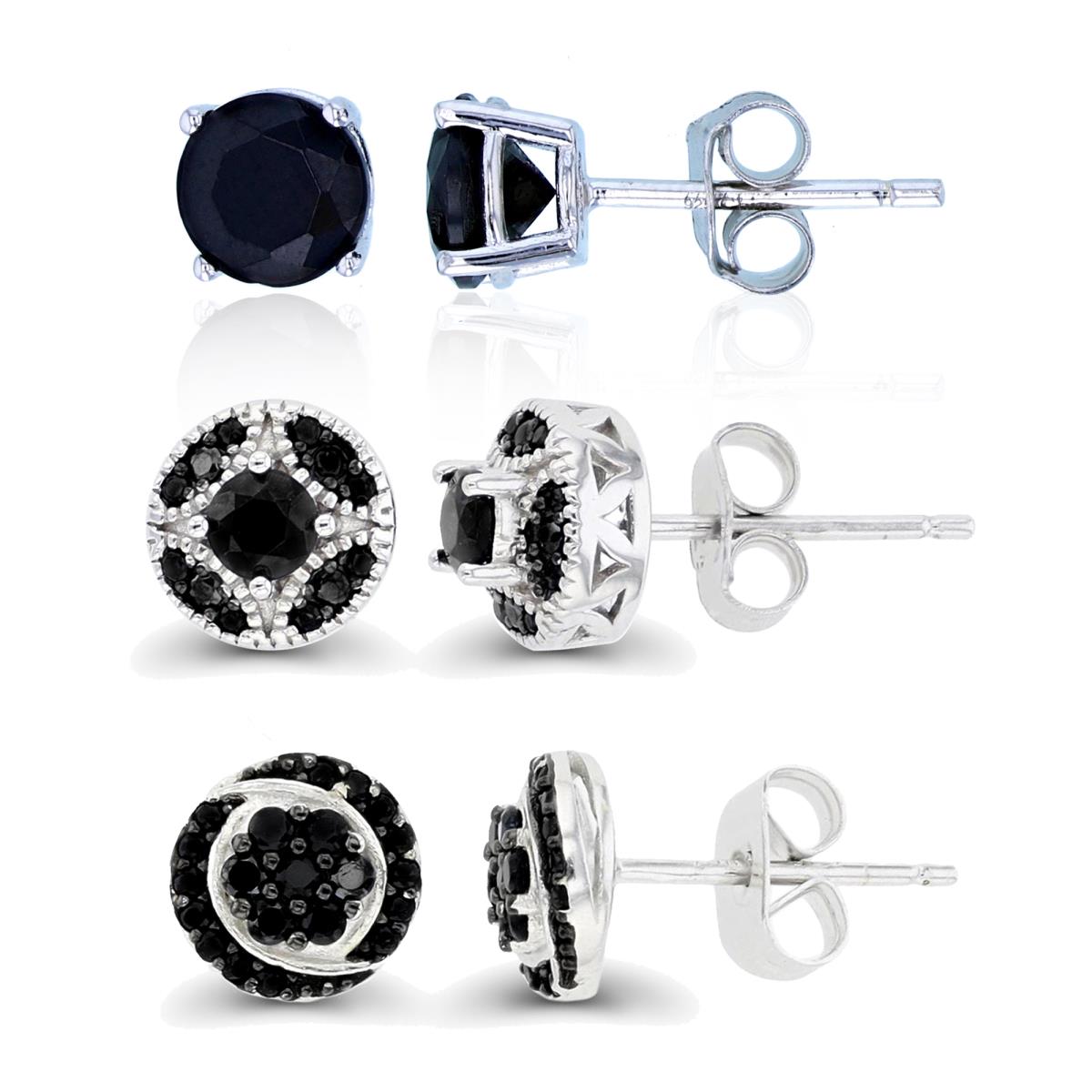 Sterling Silver Black & Rhodium Black Spinel Cluster, Round & 6mm Solitaire Stud Earring Set