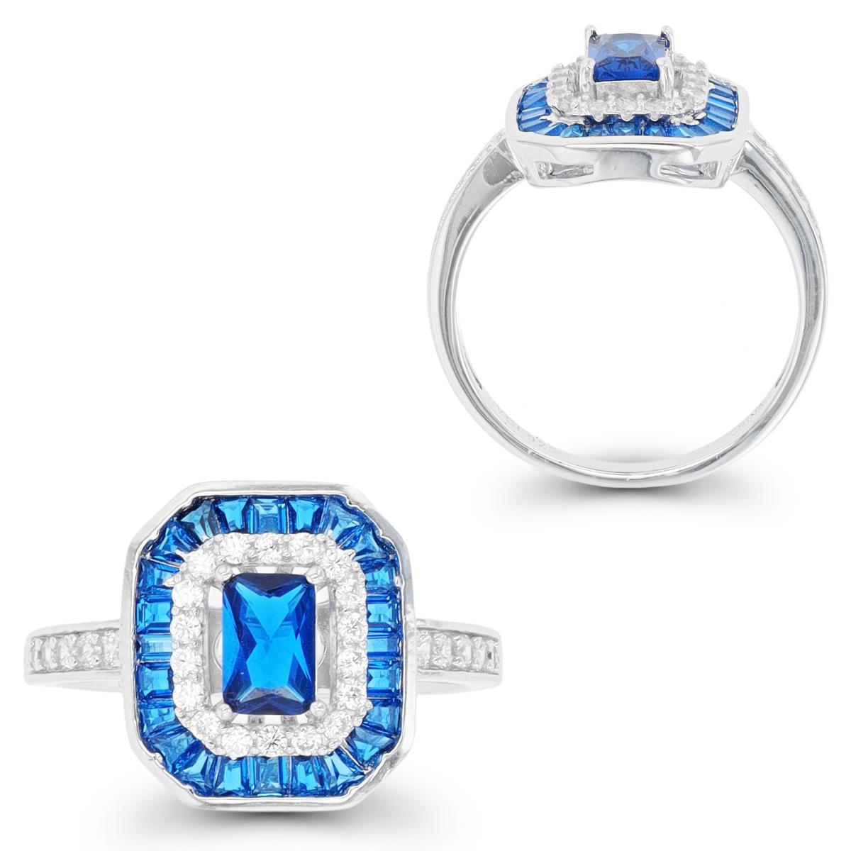Sterling Silver Rhodium 6x4mm EC #113 Blue & White CZ Bgt/Rd Halo Fashion Ring