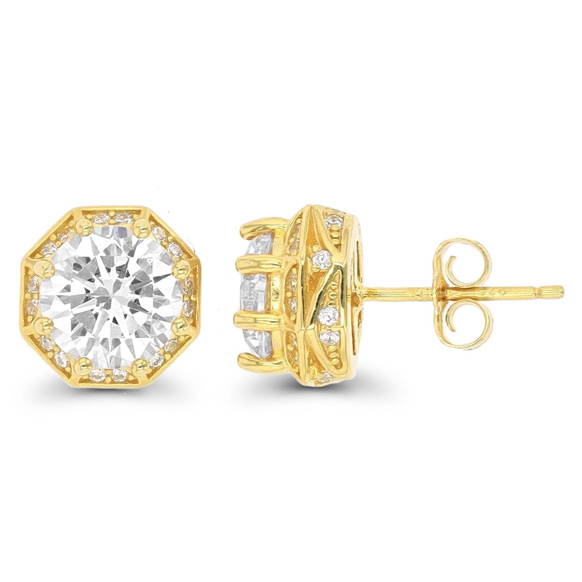 Sterling Silver Yellow 1-Micron 8mm Rd CZ Halo Hexagon Stud Earring