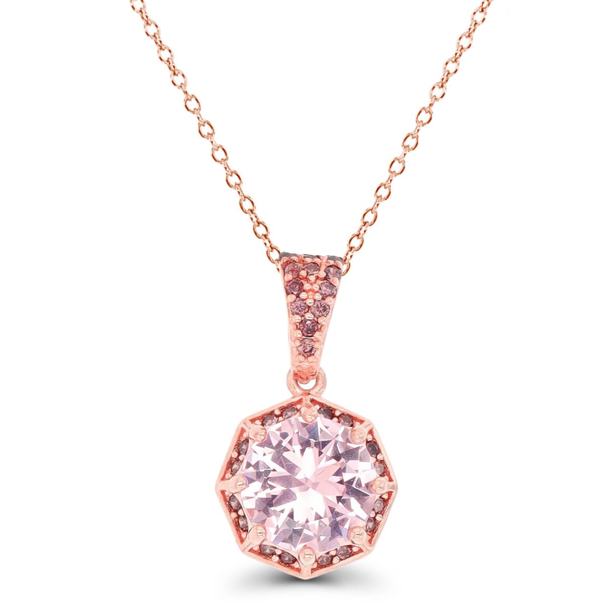 Sterling Silver Rose 8mm Rd Morganite & Coffee CZ Octagonal Halo 18" Necklace