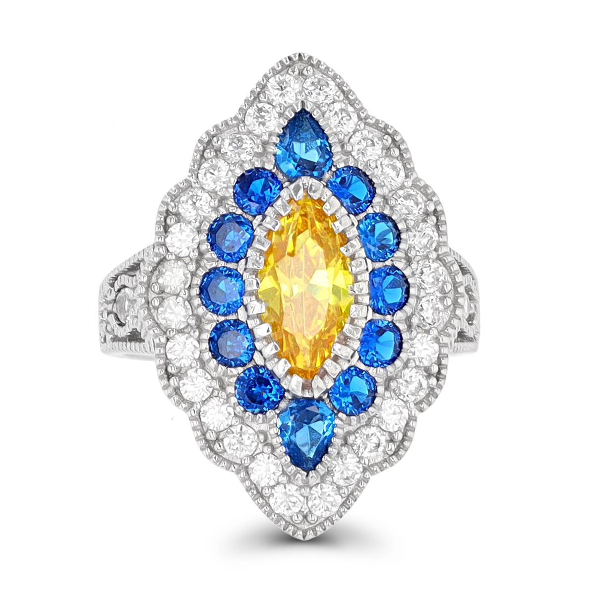 Sterling Silver Rhodium Yellow Mq CZ & #113 Blue/White CZ Milgrain Fashion Ring