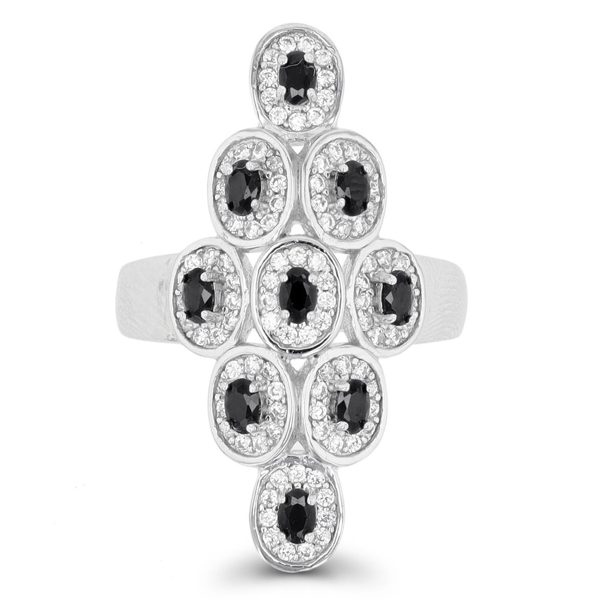 Sterling Silver Rhodium Multiple Ov Black Spinel/ White Zircon Halo Fashion Ring