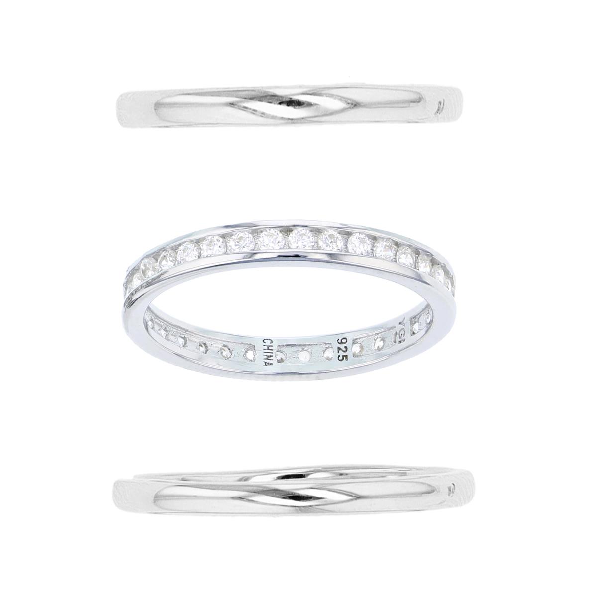 Sterling Silver Rhodium 1.7mm Polished Double Stack & Channel Set Eternity Ring Set