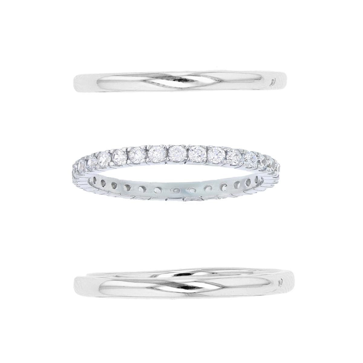 Sterling Silver Rhodium 1.7mm Polished Double Stack & Round Cut Eternity Ring Set