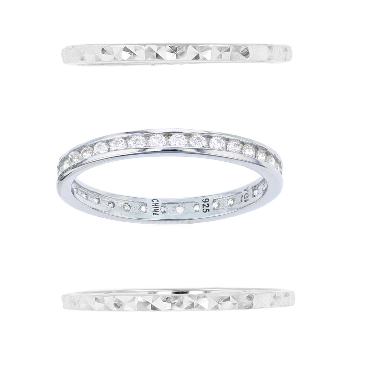 Sterling Silver Rhodium 1.8mm Diamond Cut Double Stack & Channel Set Eternity Ring Set